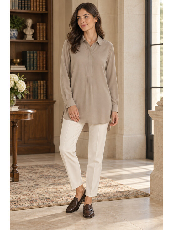 Pleione Tops - Pleione Taupe Tunic Blouse Womens S Old Money Minimalist Long Sleeve Roll Tab